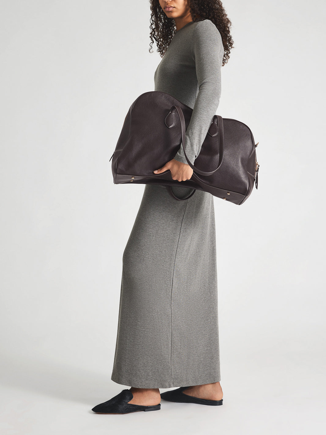 Meda Walnut/Contrast Stitch Grained Leather Top handle bag