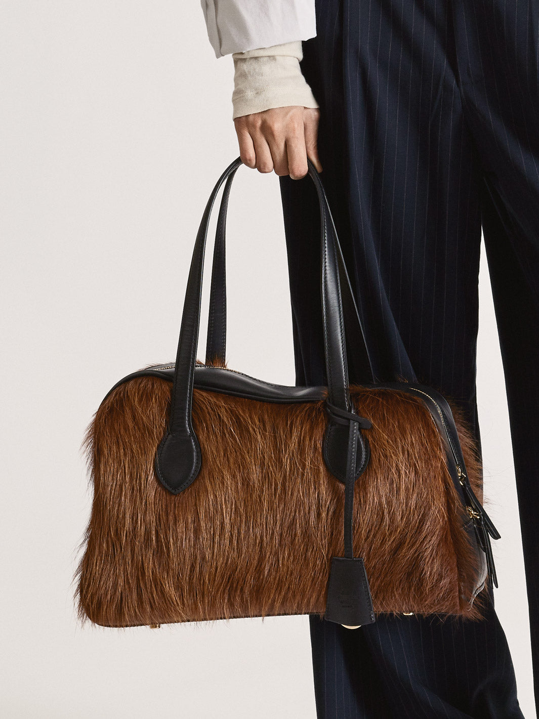 Noale Cannella/Black Pony/Leather Top handle bag