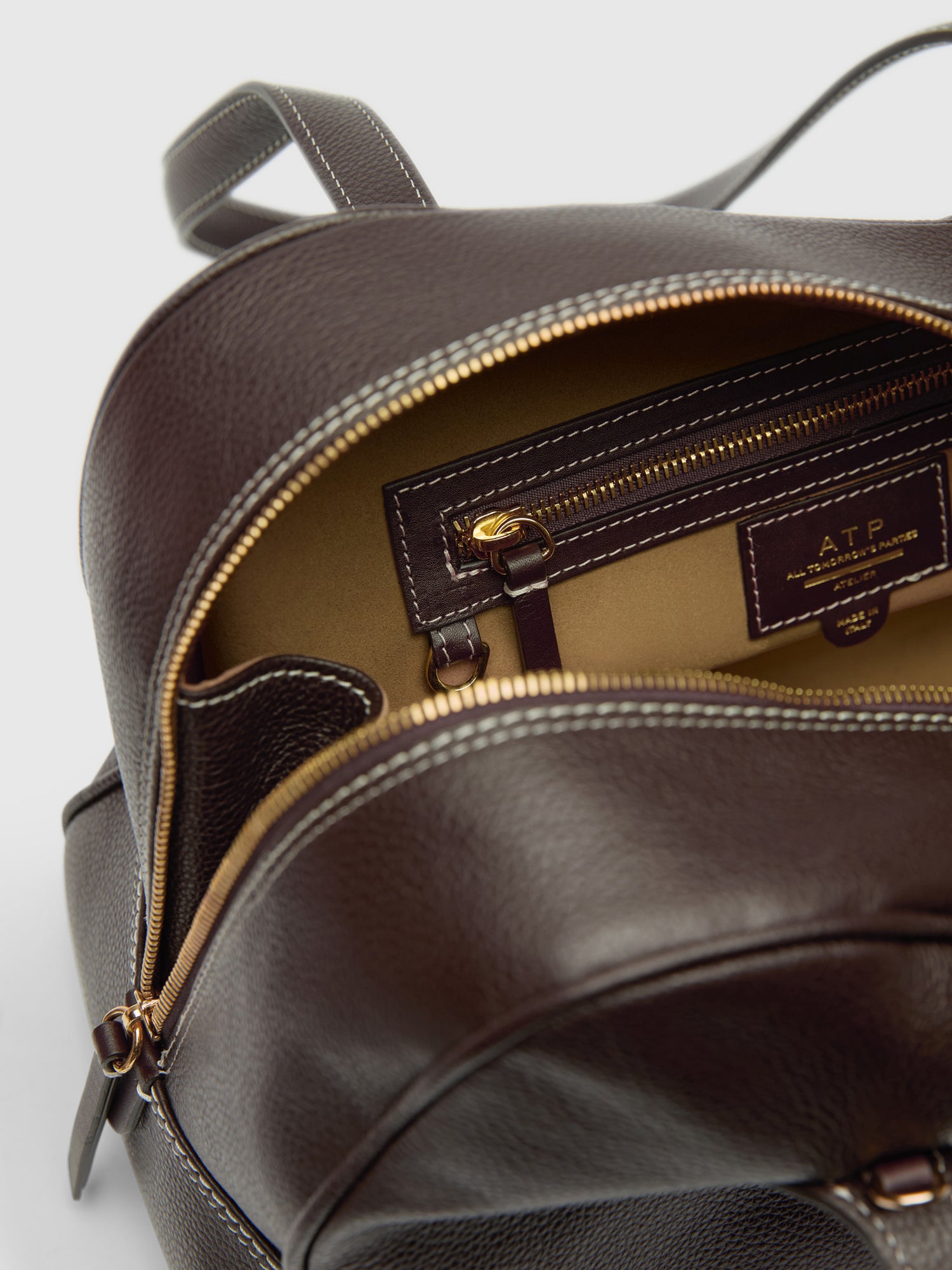 Noale Walnut/Contrast Stitch Grained Leather Top handle bag