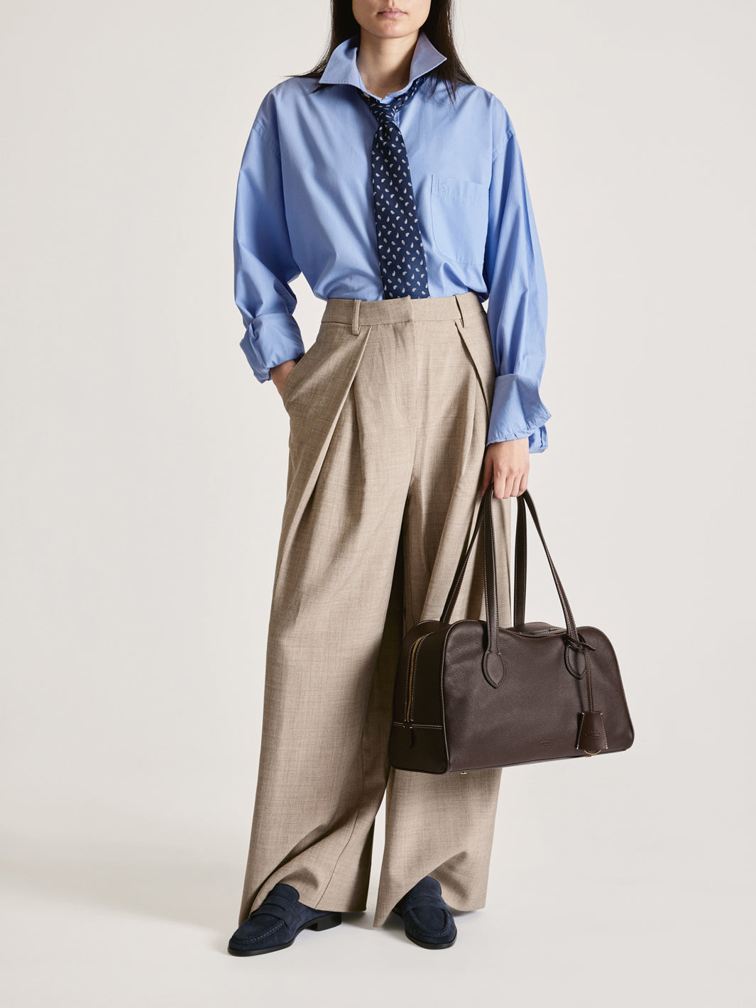 Noale Walnut/Contrast Stitch Grained Leather Top handle bag | ATP