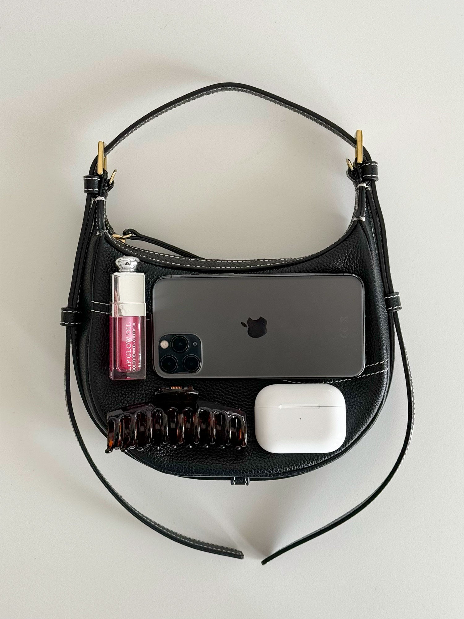 Silea Black/Contrast Stitch Grained Leather Mini hobo bag ATP